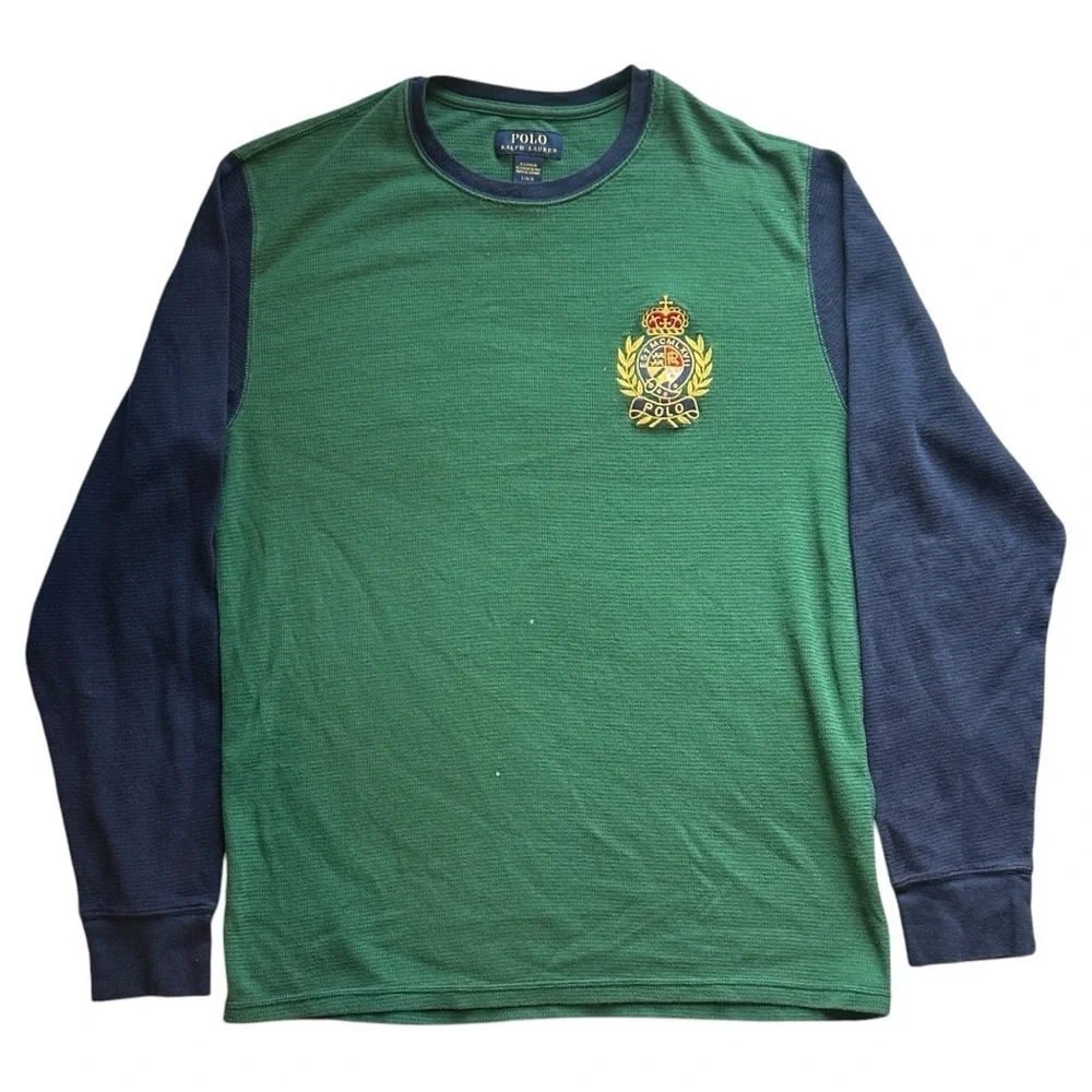 Polo Ralph Lauren Crest Embroidered Waffle Long Sleeve Tee Green/Blue Mens Large